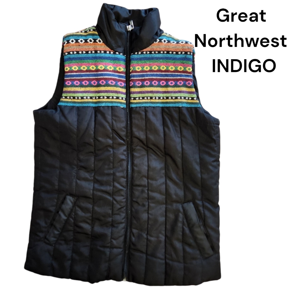 Great Northwest Indigo Aztec Design Puffer Zip Up Vest Small